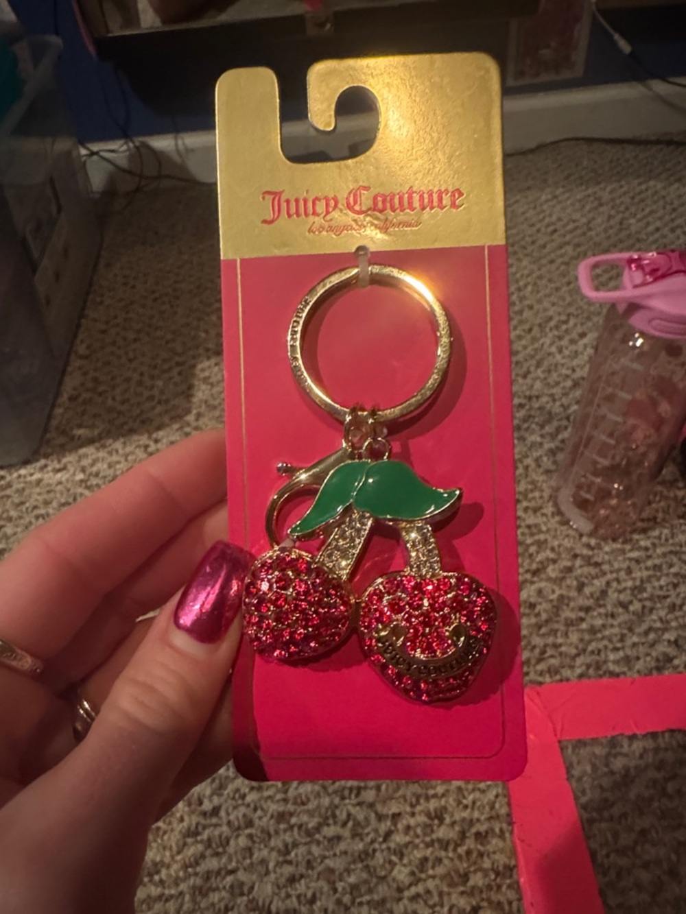 BNWT Juicy Couture Gold Cherry Keychain with Red Crystals and Green Leaves